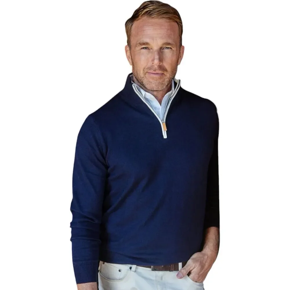 Collars & Co Sweater Mens S Navy Blue 1/4 Zip Cotton Cashmere Luxury Touch NWT